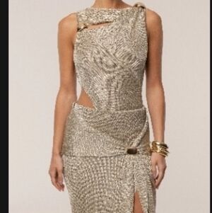 Metallic Gold Knit Midi Skirt with Textured Detail